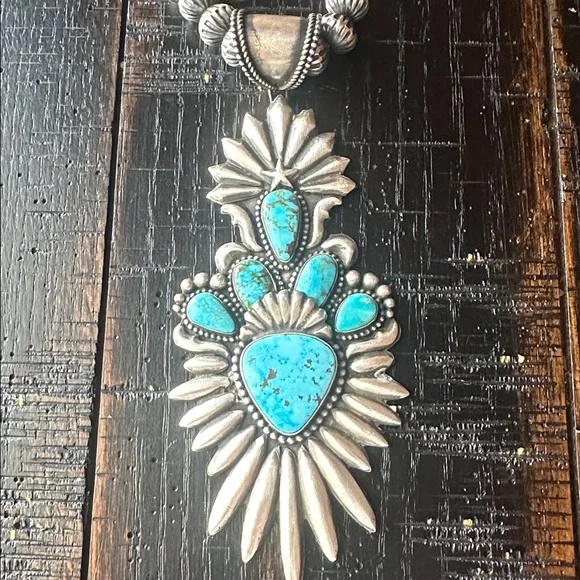 Navajo Shawn Cayatineto High Grade Kingman Turquoise & Sterling Silver Pendant - Picture 8 of 12